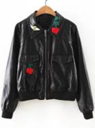Romwe Black Cherry Embroidery Pocket Pu Jacket