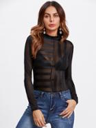 Romwe Striped Sheer Mesh Blouse