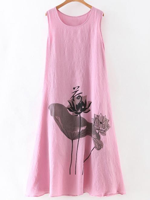 Romwe Pink Lotus Print Sleeveless Shift Dress