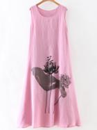 Romwe Pink Lotus Print Sleeveless Shift Dress