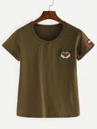 Romwe Embroidered Patch T-shirt - Olive Green