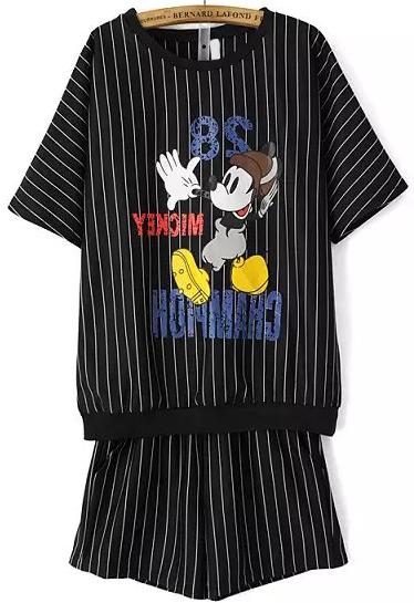 Romwe Mickey Print Top With Vertical Striped Black Shorts