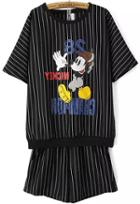 Romwe Mickey Print Top With Vertical Striped Black Shorts