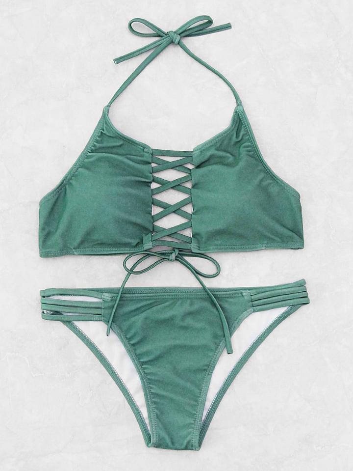 Romwe Criss Cross Ladder Cutout Halter Bikini Set