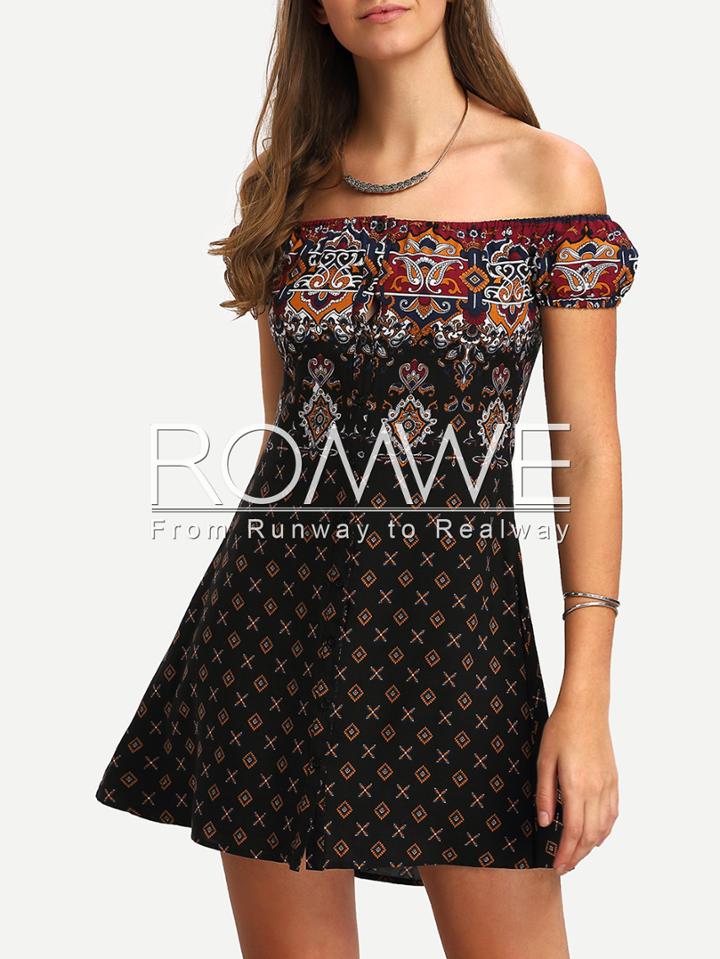Romwe Black Off The Shoulder Vintage Print Dress
