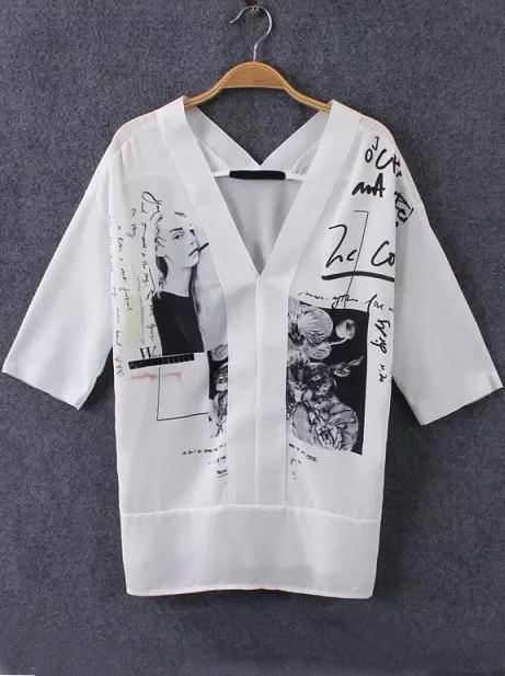 Romwe Deep V Neck Beauty Print T-shirt