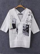 Romwe Deep V Neck Beauty Print T-shirt