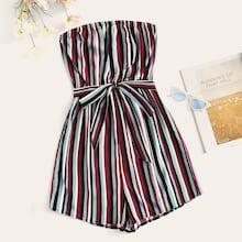 Romwe Striped Belted Tube Playsuit