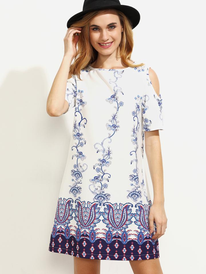 Romwe Multicolor Print Cold Shoulder Shift Dress