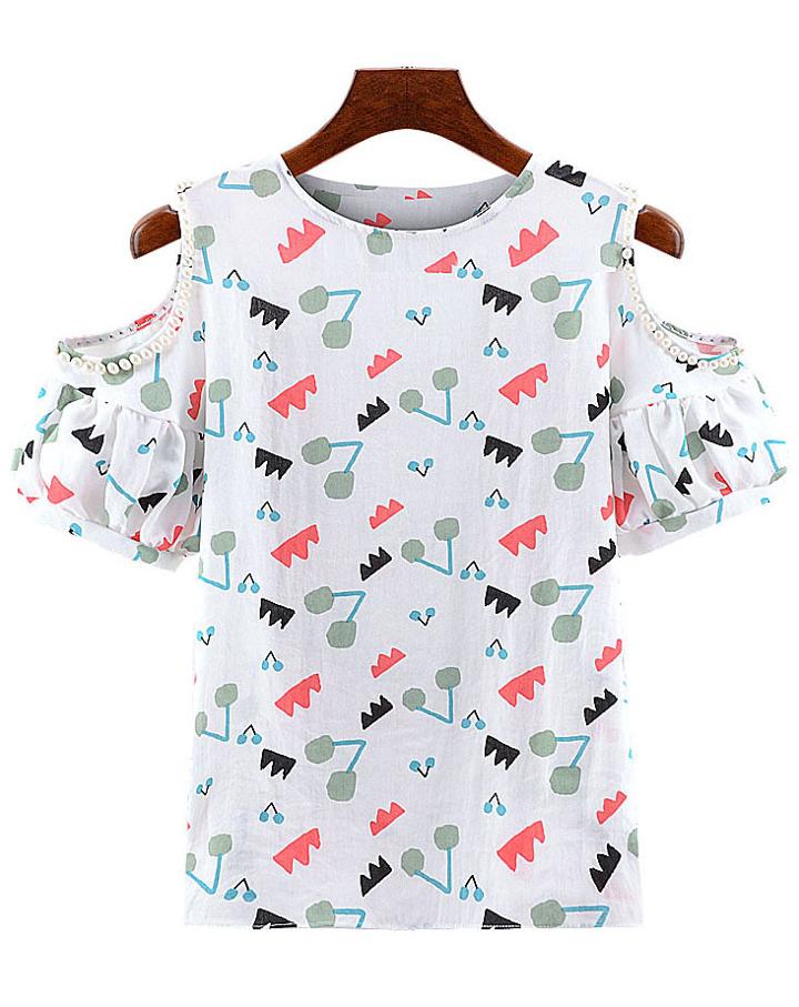 Romwe Open Shoulder With Pearl Graphic Print Top