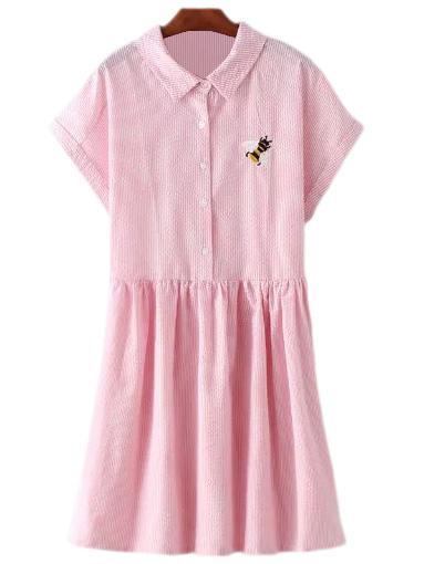 Romwe Pink Short Sleeve Bee Embroidery Stripe Dress