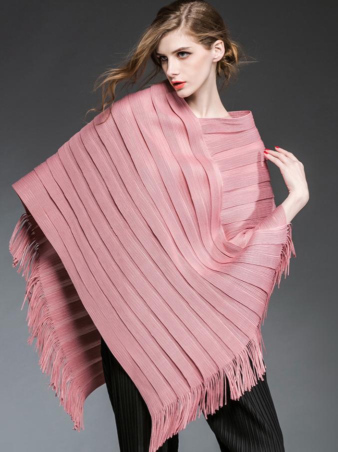 Romwe Pink Round Neck Tassel Cape Coat