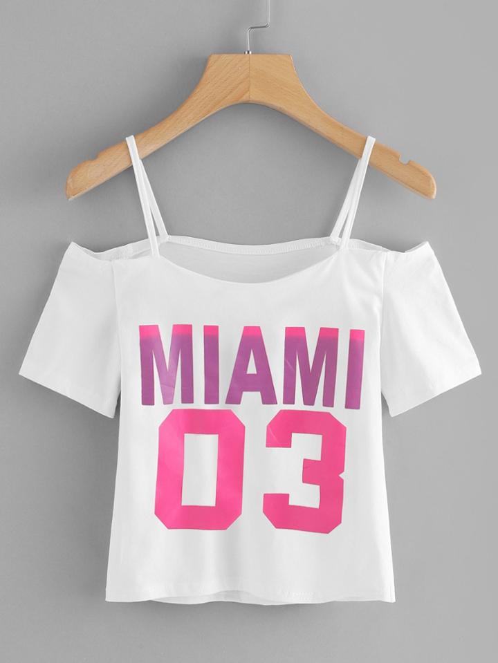 Romwe Letters Print Cold Shoulder Tee