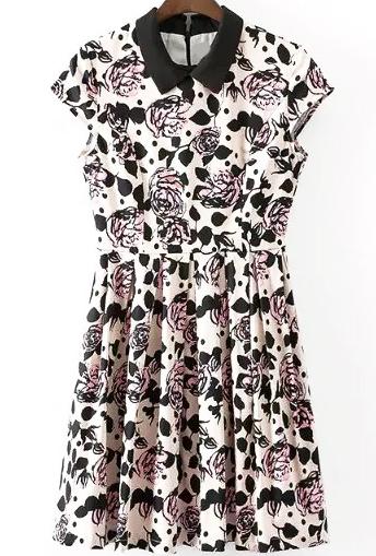Romwe Contrast Collar Rose Print Pleated Dress