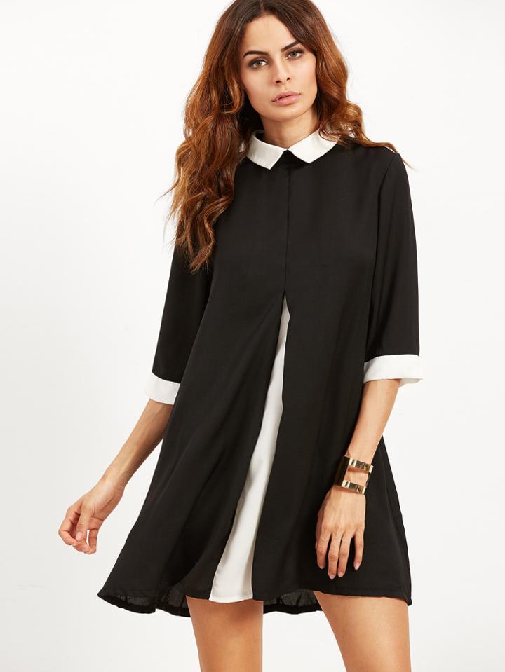 Romwe Black Contrast Collar And Cuff Swing Dress