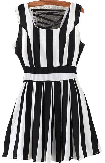 Romwe Back Lace Up Vertical Striped Black Dress