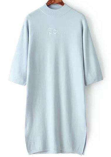 Romwe Blue Stand Collar So Embroidered Split Dress