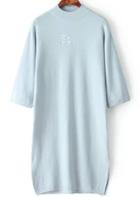 Romwe Blue Stand Collar So Embroidered Split Dress