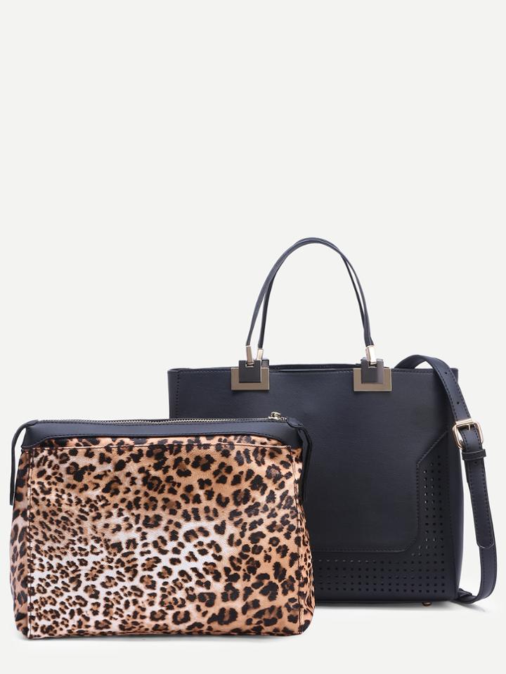 Romwe Black Laser Cut Satchel Bag With Leopard Makeup Bag