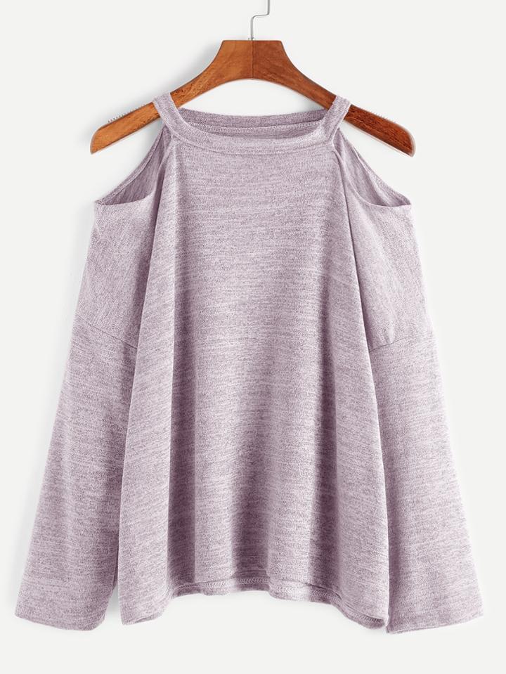 Romwe Pink Cold Shoulder Loose Knit T-shirt