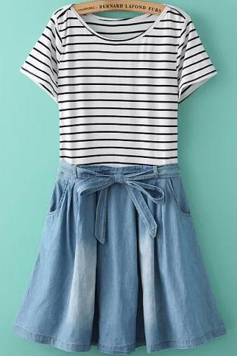 Romwe Contrast Denim Striped With Belt Dress