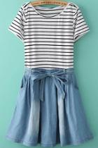 Romwe Contrast Denim Striped With Belt Dress