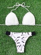Romwe Feather Print Crochet Bikini Set