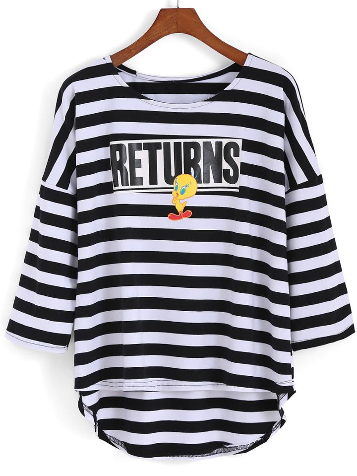 Romwe Dip Hem Striped Duck Print White T-shirt