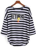 Romwe Dip Hem Striped Duck Print White T-shirt