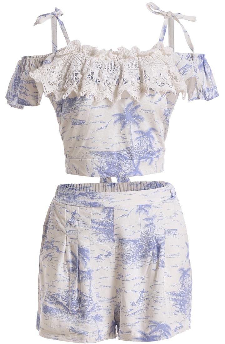 Romwe Spaghetti Strap Contrast Lace Open Back Top With Tropicals Print Shorts