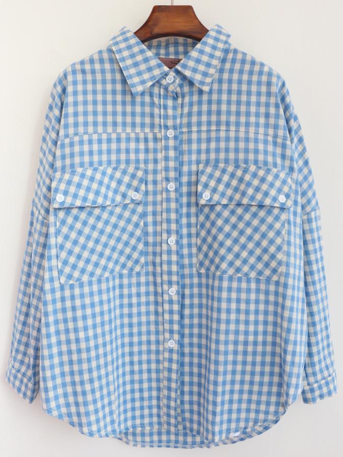 Romwe Lapel With Pockets Plaid Blue Blouse