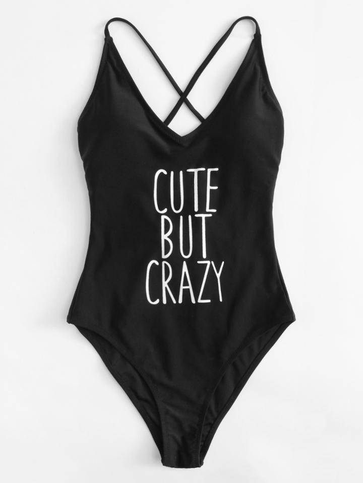 Romwe Letter Print Lace Up Back Swimsuit