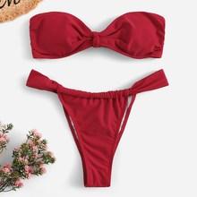 Romwe Ruched Bandeau With Low Rise Bikini Set