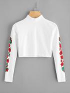 Romwe Rose Print Sleeve Crop T-shirt
