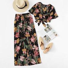 Romwe Plus Surplice Front Floral Print Blouse With Pants