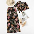 Romwe Plus Surplice Front Floral Print Blouse With Pants