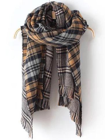 Romwe Plaid Tassel Yellow Black Scarf