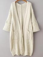 Romwe Beige Rolled Cuff Long Cardigan With Pockets