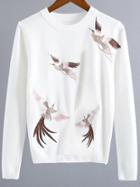 Romwe White Crane Embroidery Ribbed Trim Sweater