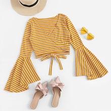 Romwe Striped Knot Hem Flounce Sleeve Tee