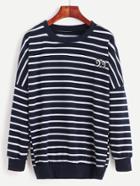 Romwe Navy Striped Drop Shoulder Eyes Embroidered Sweatshirt