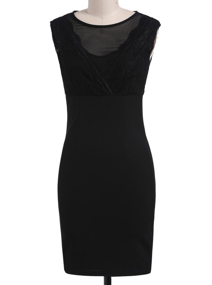 Romwe Sleeveless Lace Insert Bodycon Black Dress