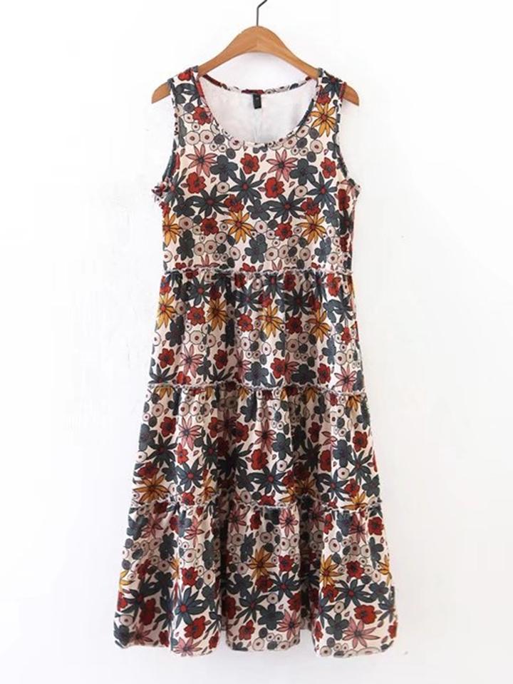 Romwe Frill Trim Flower Print Tank Dress