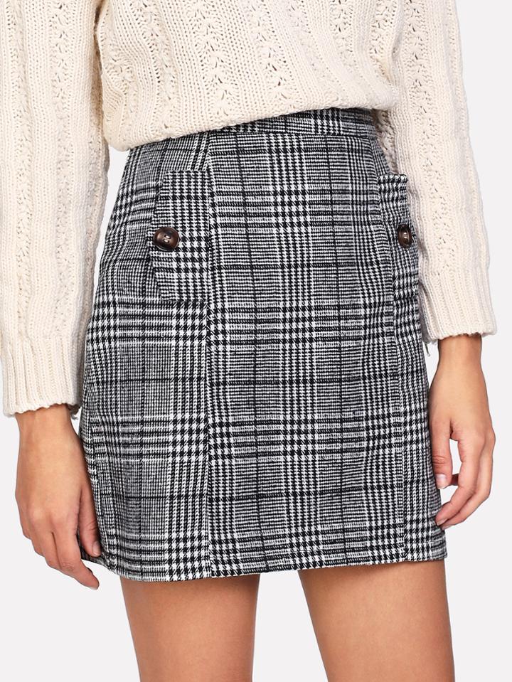 Romwe Zip Back Wales Check Skirt