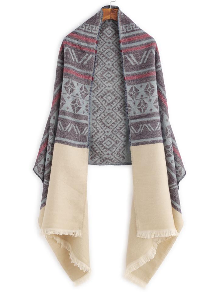 Romwe Dusty Blue And Beige Tribal Print Fringe Shawl Scarf