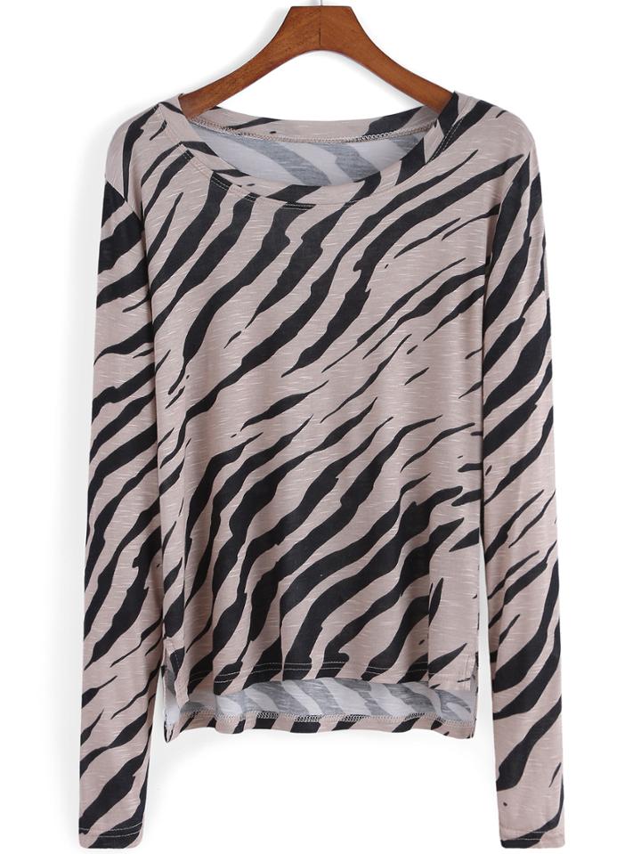 Romwe Long Sleeve Dip Hem Zebra T-shirt