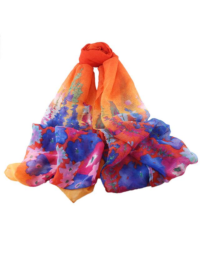 Romwe Orange Flower Printed Voile Scarf