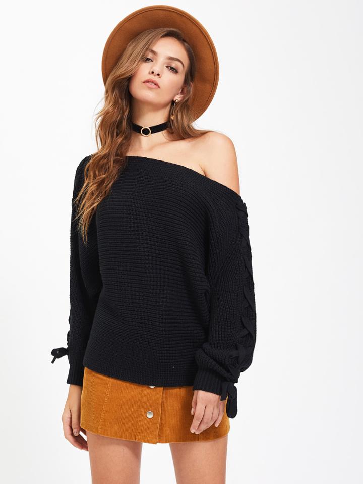 Romwe Lace Up Dolman Sleeve Jumper