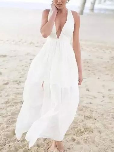 Romwe Deep V Neck Chiffon Maxi White Dress