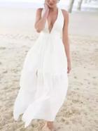 Romwe Deep V Neck Chiffon Maxi White Dress